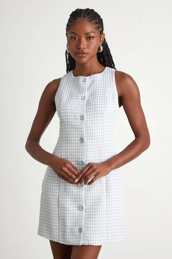 Aloriana Light Blue Gingham Tweed Button-Front Mini Dress sold by Lulus