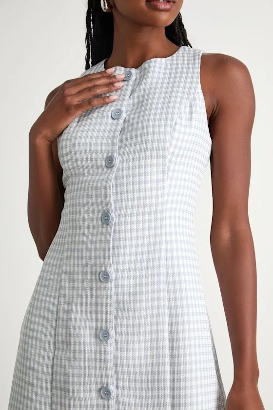 Aloriana Light Blue Gingham Tweed Button-Front Mini Dress sold by Lulus product image thumbnail 4