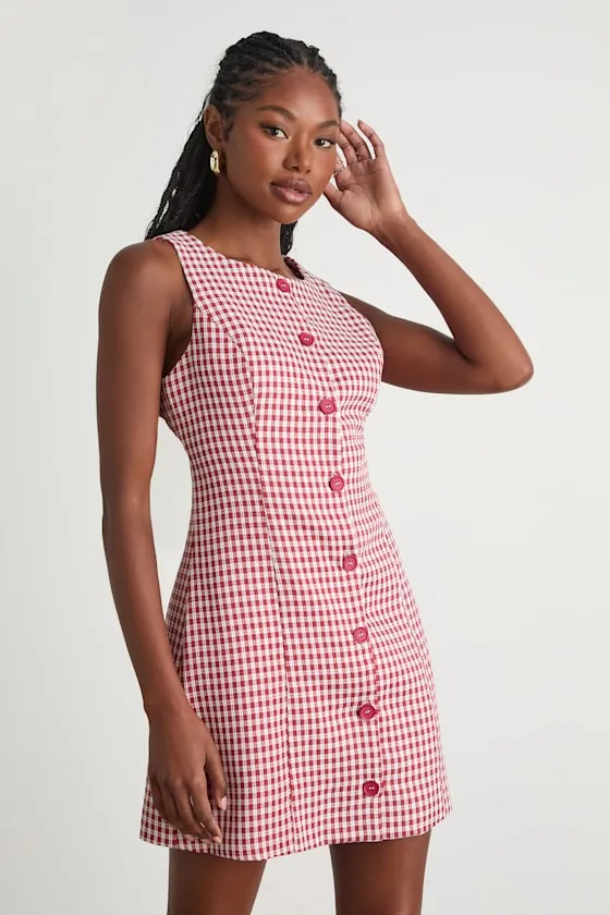 Aloriana Red Gingham Tweed Button-Front Mini Dress sold by Lulus