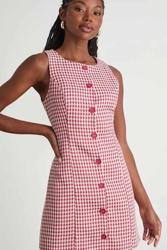 Aloriana Red Gingham Tweed Button-Front Mini Dress sold by Lulus product image thumbnail 3