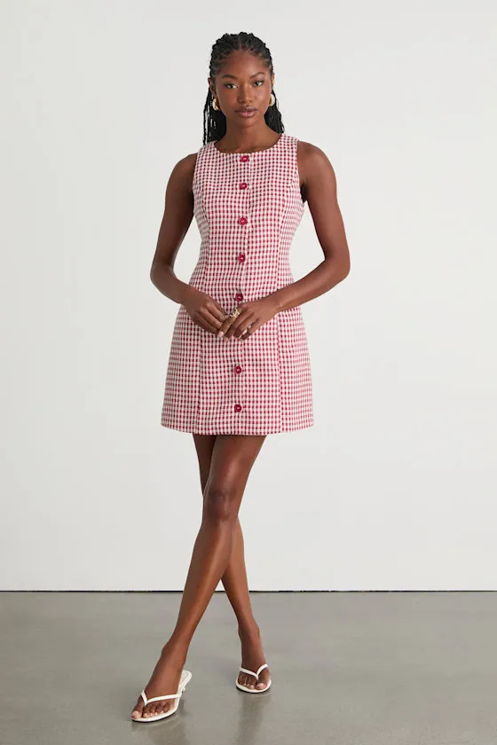 Aloriana Red Gingham Tweed Button-Front Mini Dress sold by Lulus product image thumbnail 4