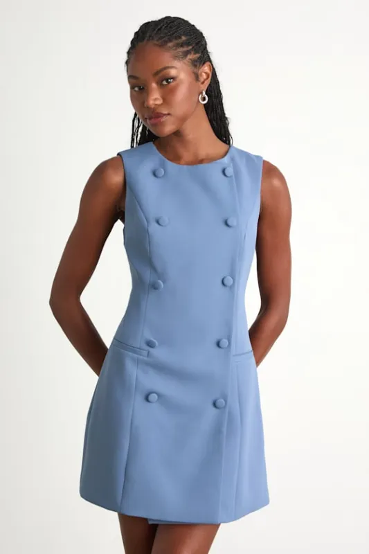 Adelie Dusty Blue Double Breasted Sleeveless Mini Dress sold by Lulus