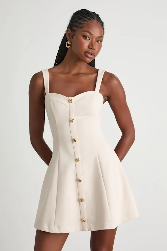 Akira Cream Button-Front Skater Mini Dress sold by Lulus