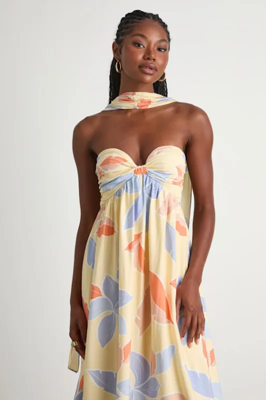 Kelia Light Yellow Leaf Print Midi Dress and Scarf Set sold by Lulus