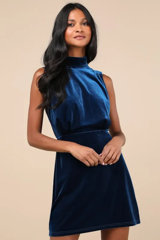 Gorgeous Darling Blue Velvet Sleeveless Mock Neck Mini Dress sold by Lulus