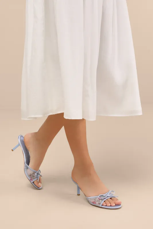 Pamina Periwinkle Satin Bow Slide High Heel Sandals sold by Lulus