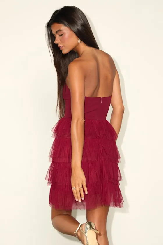 Fabulous Thoughts Wine Red Tulle Strapless Tiered Mini Dress sold by Lulus product image thumbnail 3