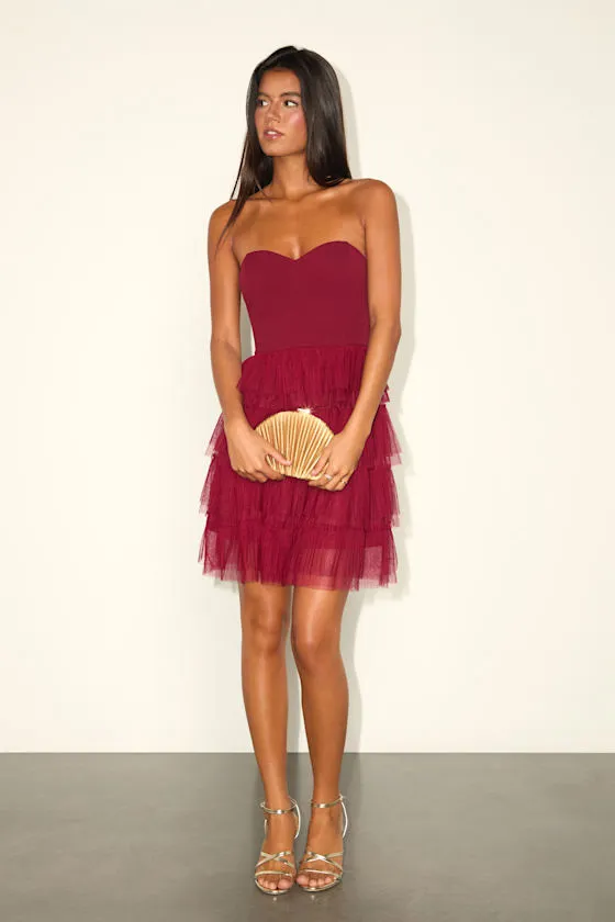 Fabulous Thoughts Wine Red Tulle Strapless Tiered Mini Dress sold by Lulus product image thumbnail 4