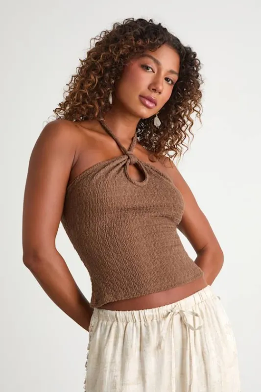 Korin Brown Textured Keyhole Halter Top sold by Lulus