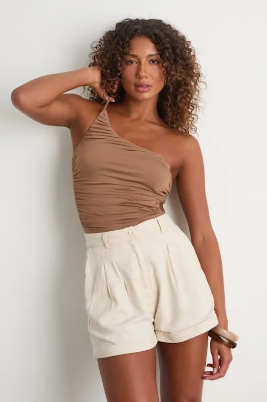 Kayton Light Brown Jersey Knit Ruched Bodysuit sold by Lulus