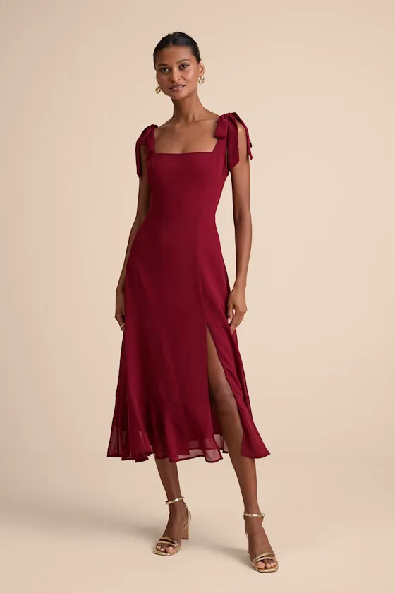 Summer Invite Wine Red Tie-Strap Tiered Midi Dress sold by Lulus