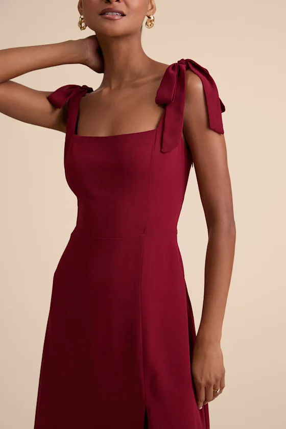 Summer Invite Wine Red Tie-Strap Tiered Midi Dress sold by Lulus product image thumbnail 2