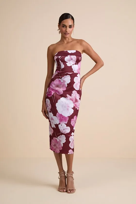 Oriana Burgundy Floral Satin Strapless Midi Dress sold by Lulus