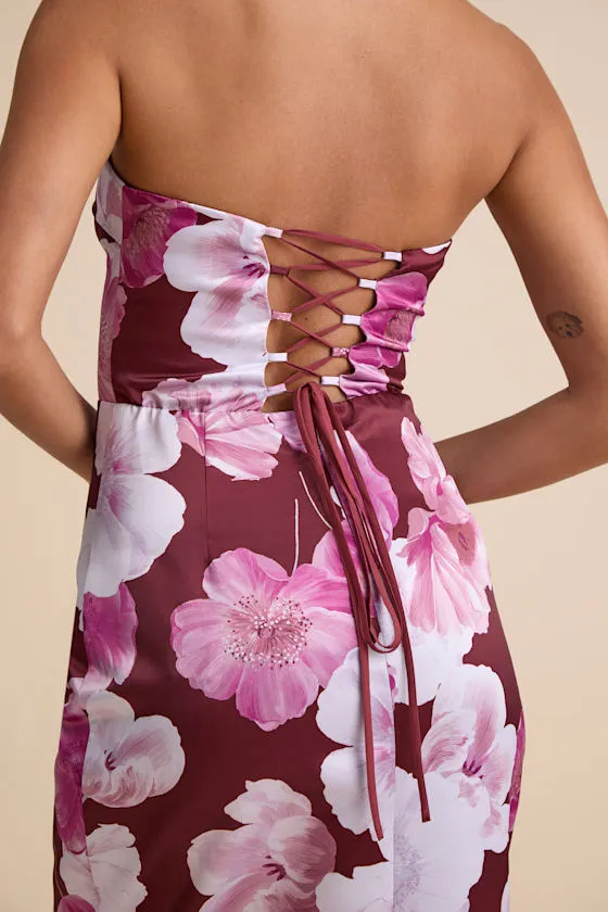 Oriana Burgundy Floral Satin Strapless Midi Dress sold by Lulus product image thumbnail 2