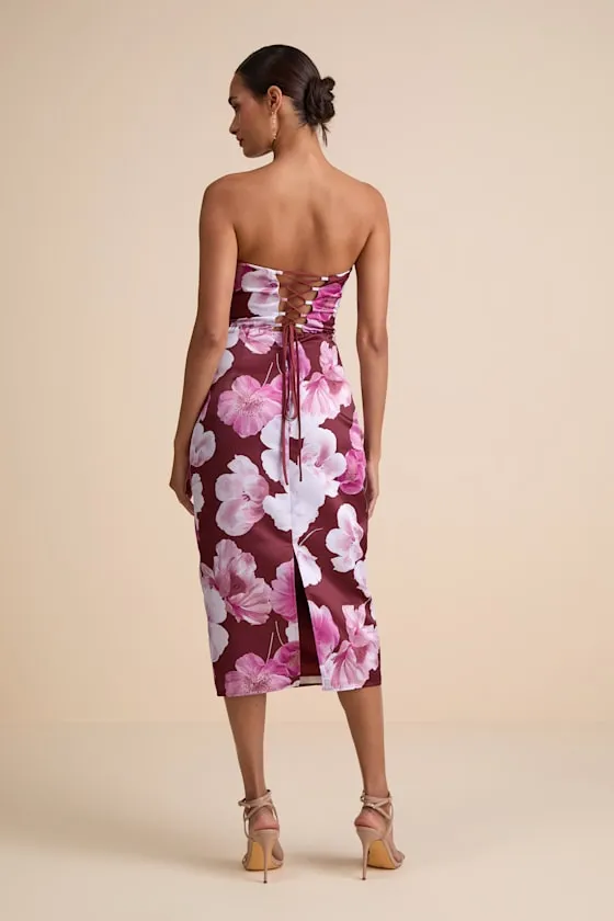 Oriana Burgundy Floral Satin Strapless Midi Dress sold by Lulus product image thumbnail 3