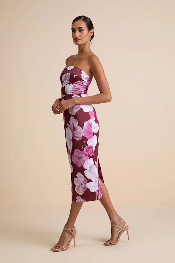 Oriana Burgundy Floral Satin Strapless Midi Dress sold by Lulus product image thumbnail 4