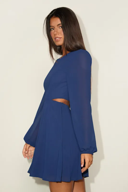 Garden Bliss Dark Blue Long Sleeve Cutout Mini Dress sold by Lulus