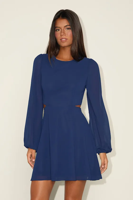 Garden Bliss Dark Blue Long Sleeve Cutout Mini Dress sold by Lulus product image thumbnail 3