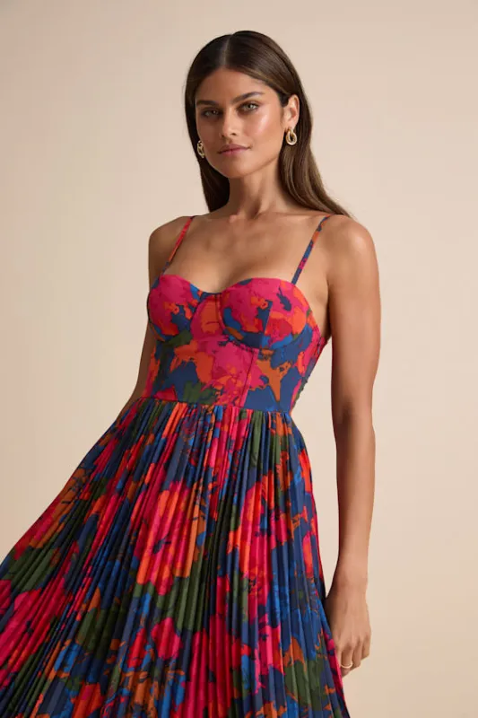 Dorothy Dark Blue Multi Flower Pleated Midi Dress sold by Lulus