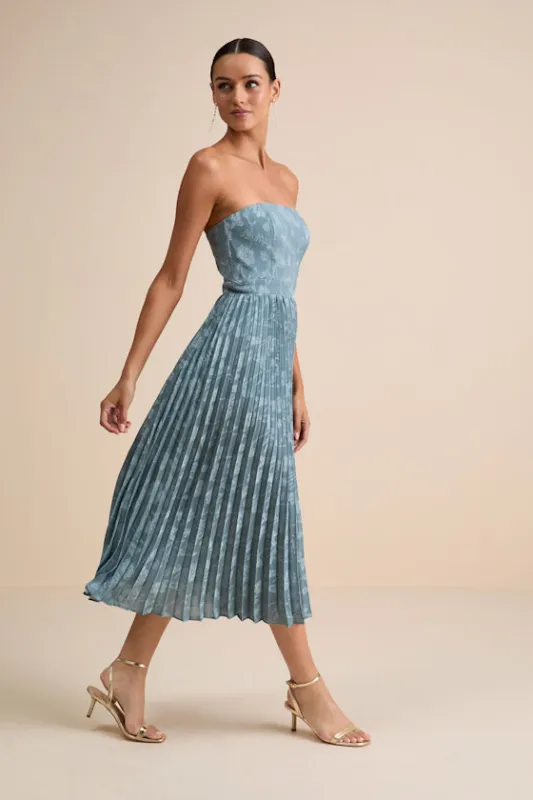 Perfectly Stunning Slate Blue Jacquard Strapless Midi Dress sold by Lulus