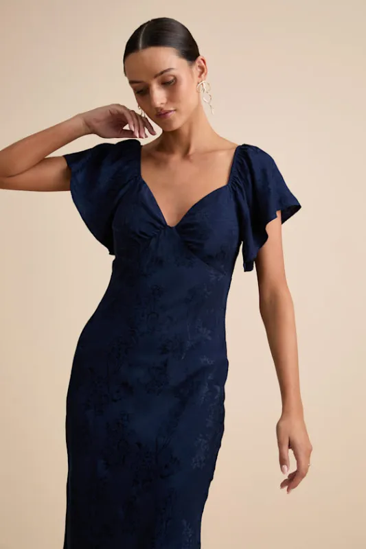 Effervescent Afternoon Navy Satin Flutter Sleeve Midi Dress sold by Lulus