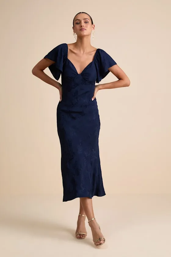 Effervescent Afternoon Navy Satin Flutter Sleeve Midi Dress sold by Lulus product image thumbnail 2