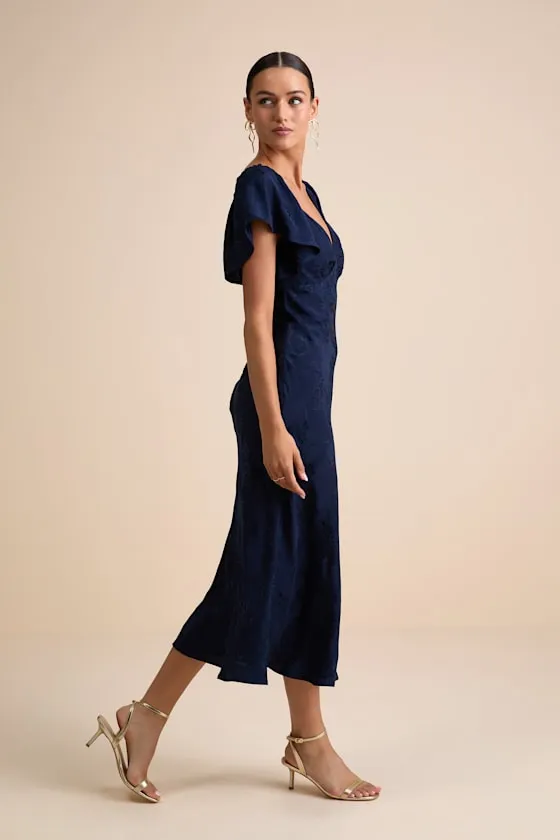 Effervescent Afternoon Navy Satin Flutter Sleeve Midi Dress sold by Lulus product image thumbnail 3