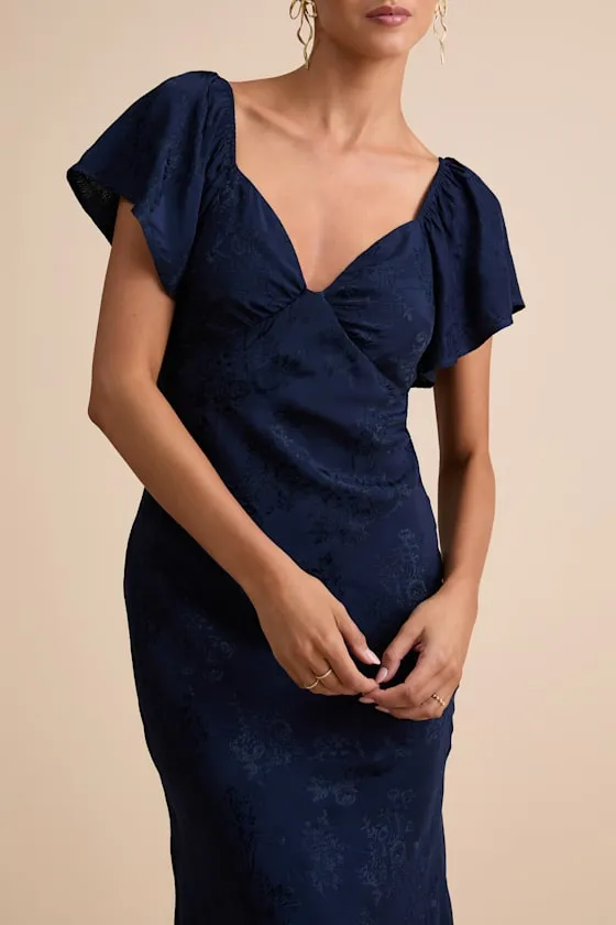 Effervescent Afternoon Navy Satin Flutter Sleeve Midi Dress sold by Lulus product image thumbnail 4