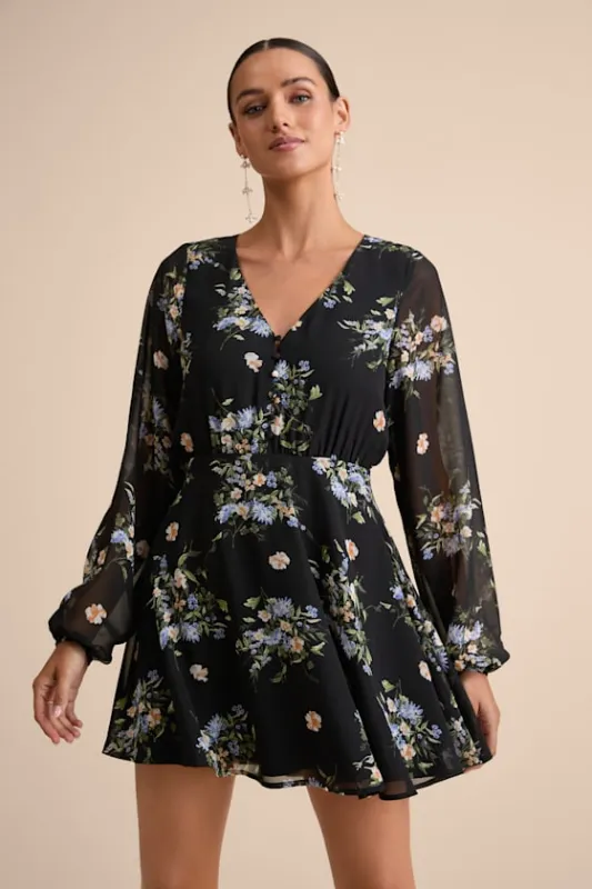 Always Your Black Floral Print Long Sleeve Skater Dress sold by Lulus