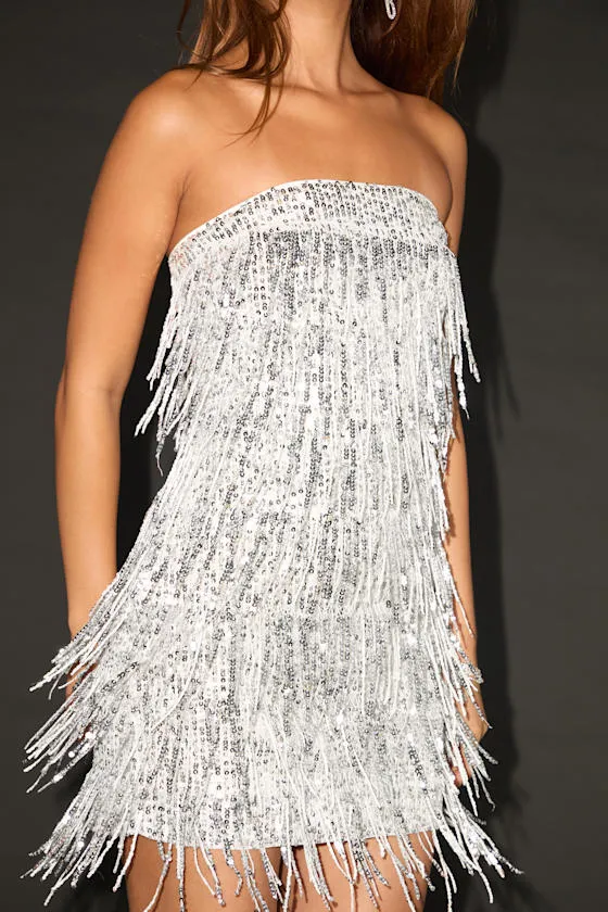 Shanelle Silver Sequin Fringe Strapless Mini Dress sold by Lulus product image thumbnail 2