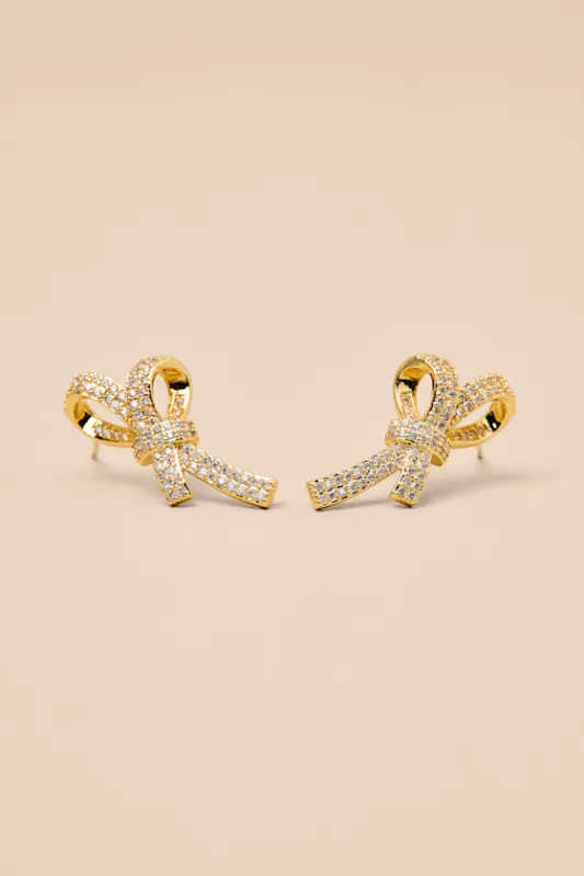 Lucetta 14KT Gold Rhinestone Bow Stud Earrings sold by Lulus