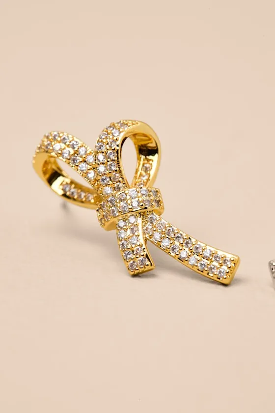Lucetta 14KT Gold Rhinestone Bow Stud Earrings sold by Lulus product image thumbnail 2