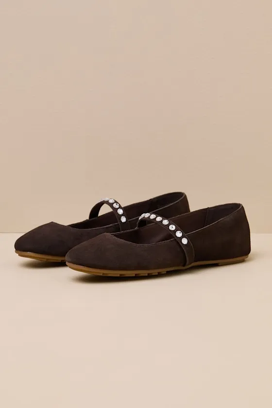 Karolin Chocolate Suede Leather Rhinestone Ballet Flats sold by Lulus