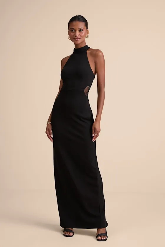 Vira Black Mock Neck Lace Cutout Maxi Dress sold by Lulus