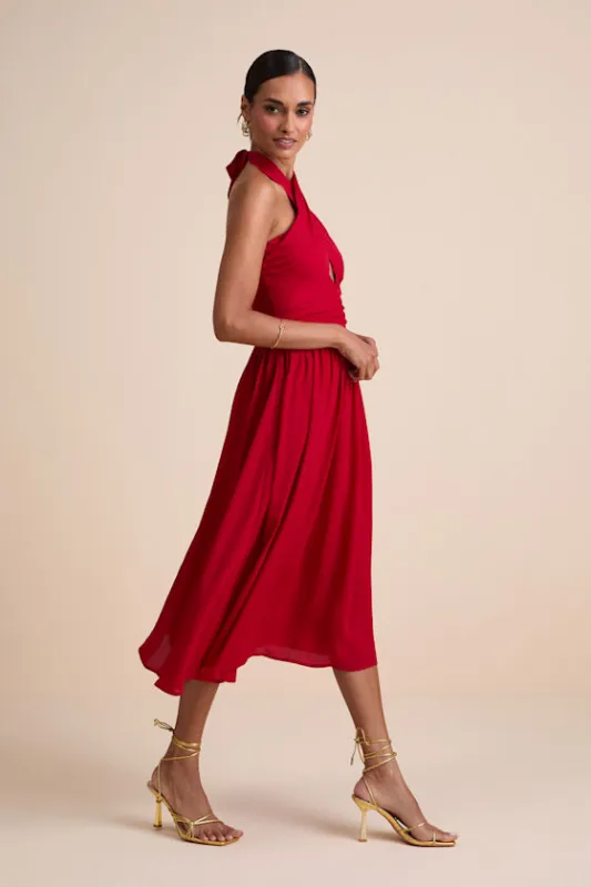 Emrah Red Cross-Front Cutout Halter Midi Dress sold by Lulus
