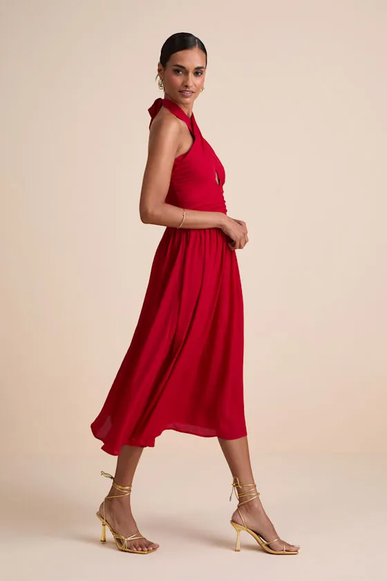 Emrah Red Cross-Front Cutout Halter Midi Dress sold by Lulus