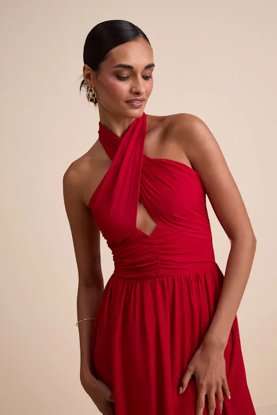 Emrah Red Cross-Front Cutout Halter Midi Dress sold by Lulus product image thumbnail 2