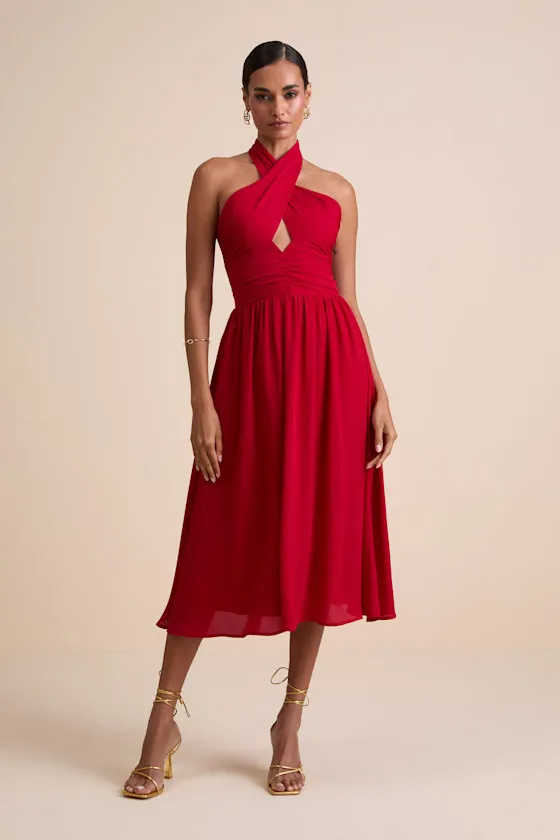 Emrah Red Cross-Front Cutout Halter Midi Dress sold by Lulus product image thumbnail 3