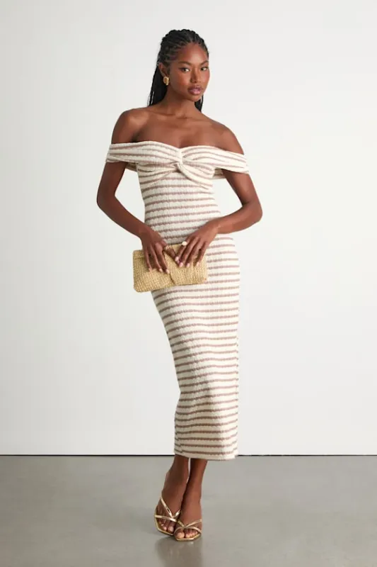 Baia Ivory and Taupe Striped Off-the-Shoulder Midi Dress sold by Lulus