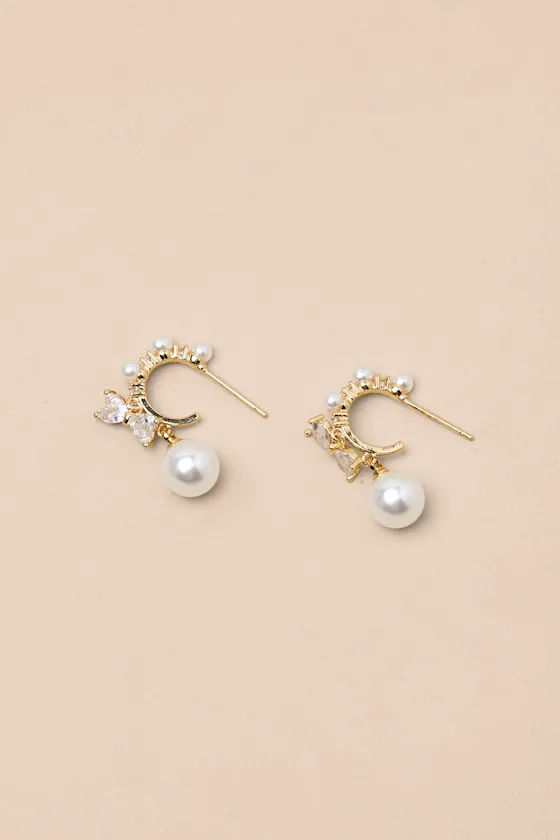 Bianca 14KT Gold Rhinestone Pearl Hoop Earrings sold by Lulus