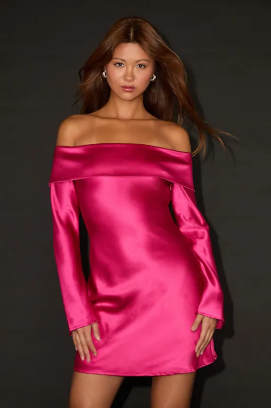 Luxurious Vision Berry Pink Satin Off-the-Shoulder Mini Dress sold by Lulus