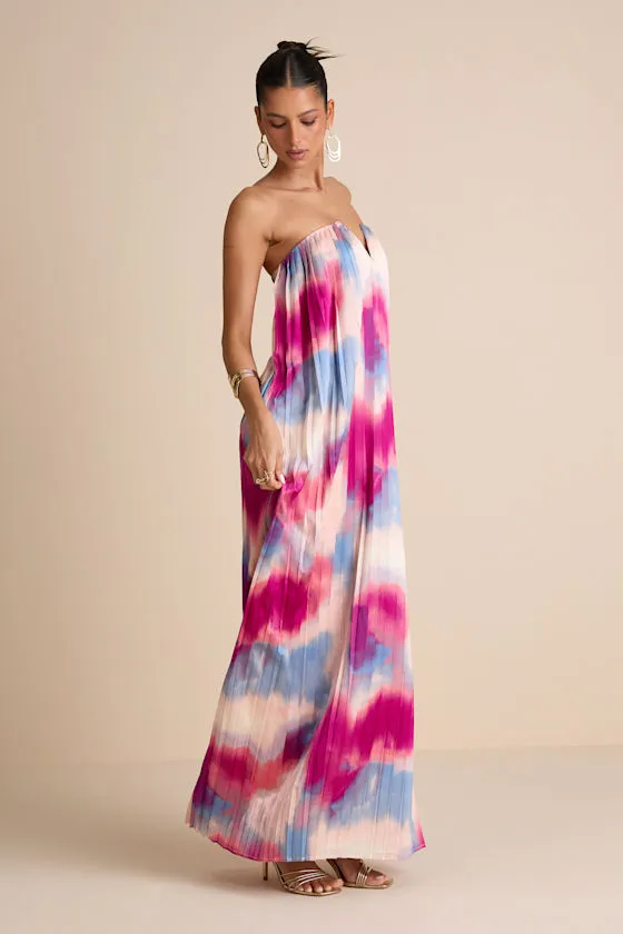 Celandine Multi Abstract Pleated Strapless Swing Maxi Dress sold by Lulus