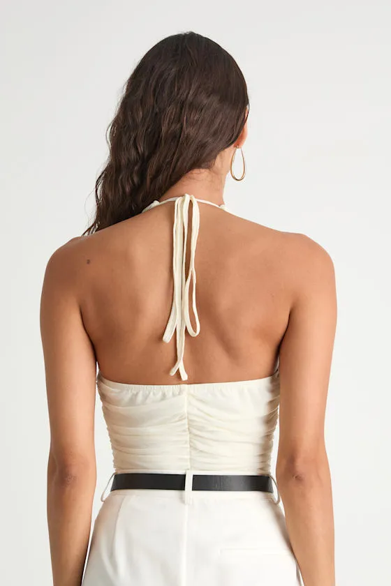 Dafina Ivory Mesh Ruched Halter Bodysuit sold by Lulus product image thumbnail 2