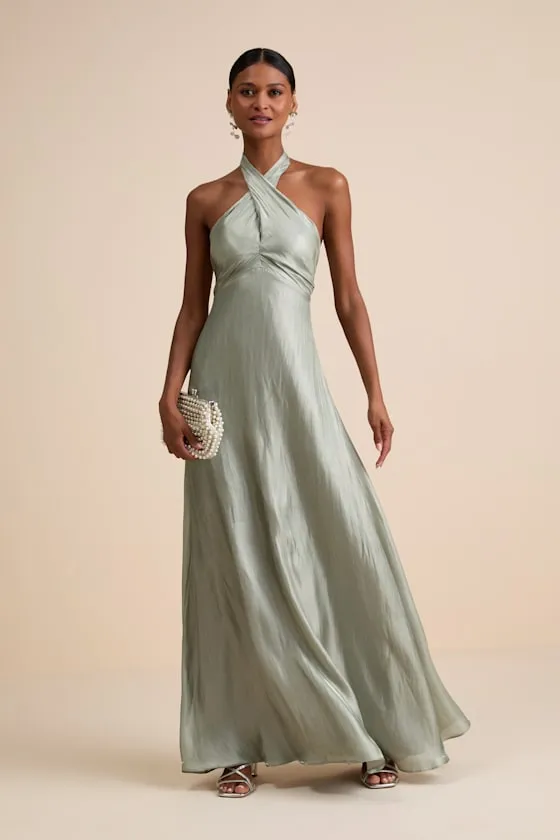 Canley Sage Satin Cross-Front Halter Maxi Dress sold by Lulus