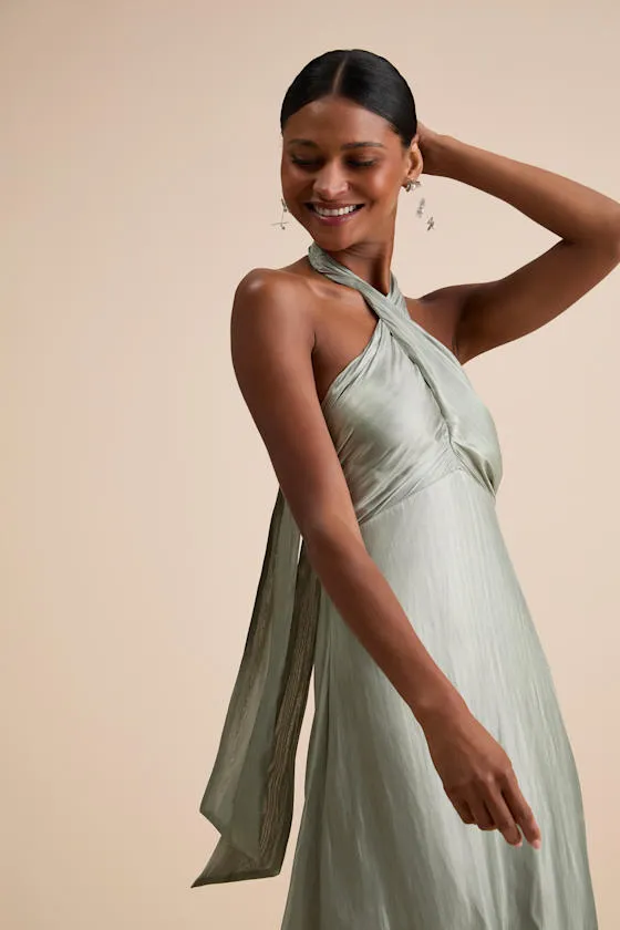 Canley Sage Satin Cross-Front Halter Maxi Dress sold by Lulus product image thumbnail 2