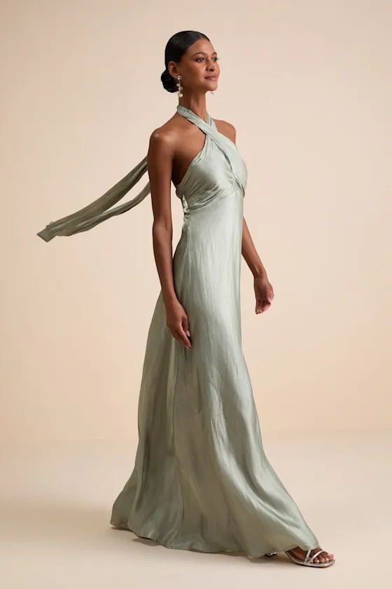 Canley Sage Satin Cross-Front Halter Maxi Dress sold by Lulus product image thumbnail 4
