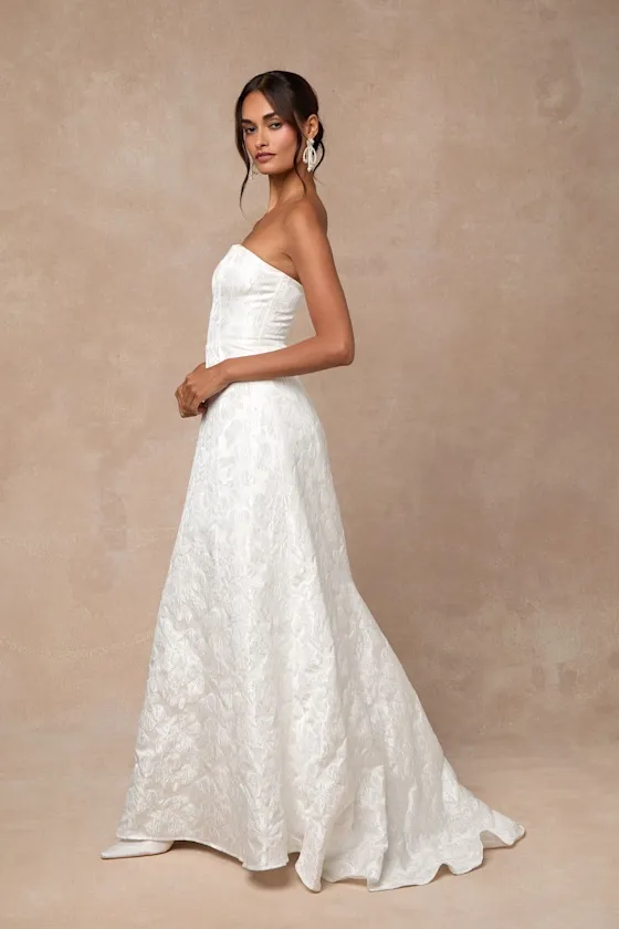 Tressa White Floral Jacquard Strapless Maxi Dress sold by Lulus