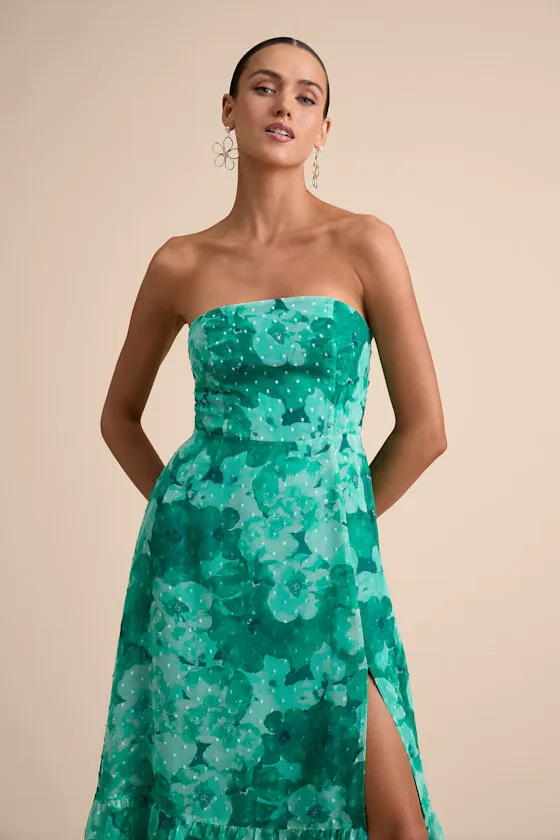 Bright Perspective Teal Floral Strapless Midi Dress sold by Lulus