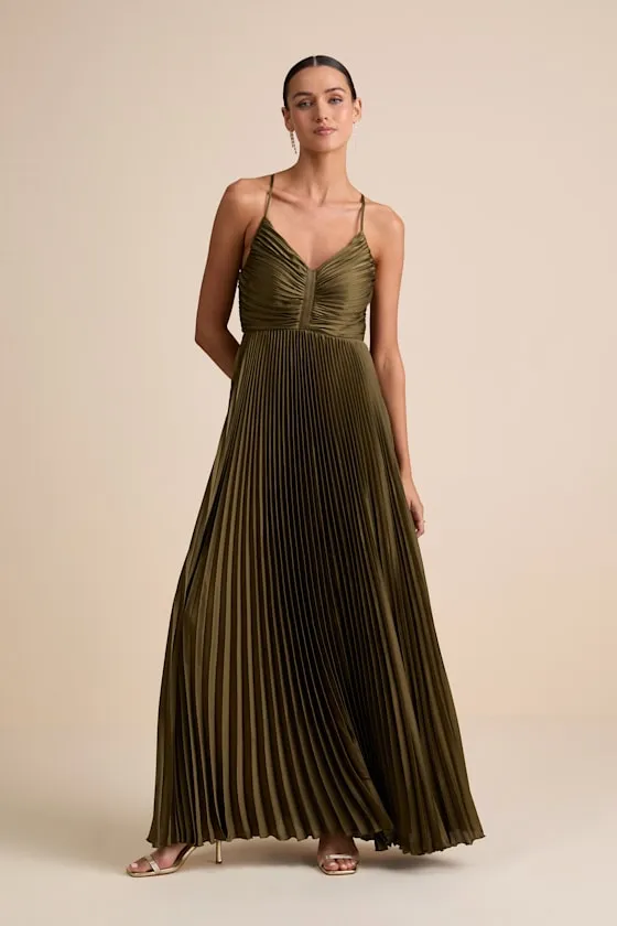 Dreaming in Color Olive Green V-Neck Pleated Satin Maxi Dress sold by Lulus