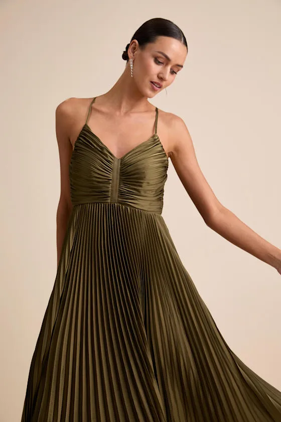 Dreaming in Color Olive Green V-Neck Pleated Satin Maxi Dress sold by Lulus product image thumbnail 2